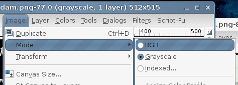 The GIMP menu option to change color modes